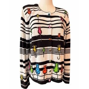 Berek Beaded Cat Cardigan Sweater M Striped Novelty Embellished Kitty Whimsical